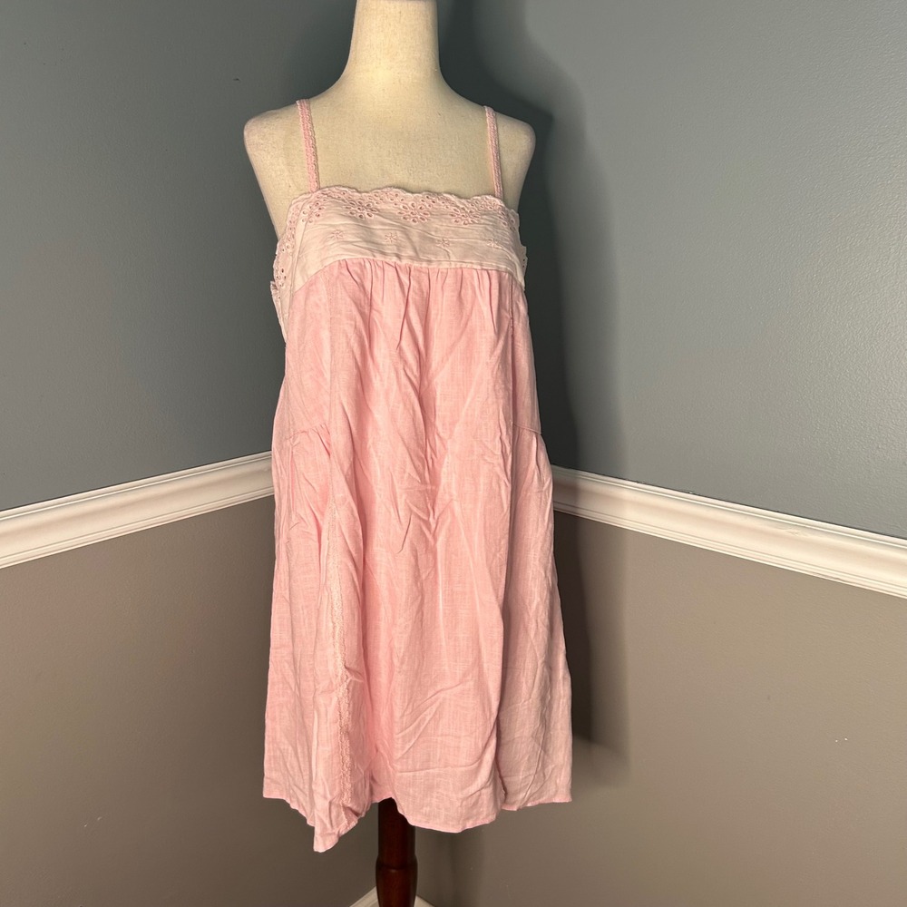 Aralina Pink Linen Blend Eyelet Lace Trim Mini babydoll Sundress Small